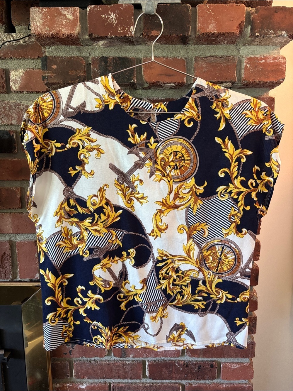 Vintage Baroque Nautical Print Short Sleeve Top w/ Shoulder Pads Women’s Size 10